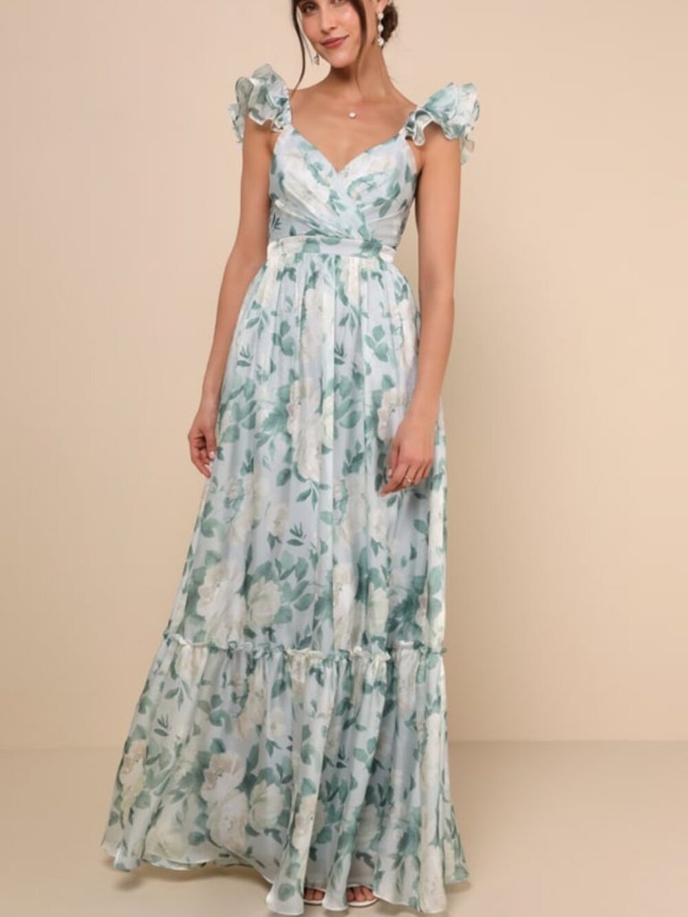 Lulus Soiree Perfection Light Blue Floral Ruffled Tiered Maxi Dress - Size XL